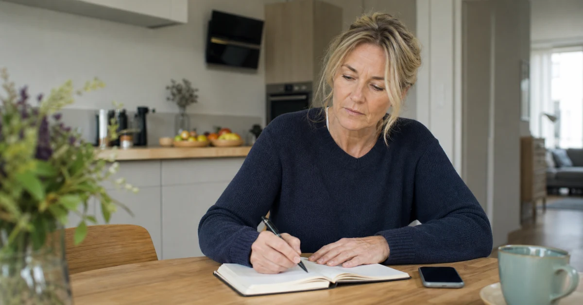 Frau am Küchentisch einer deutschen Wohnung, Notizbuch und Telefon vor sich