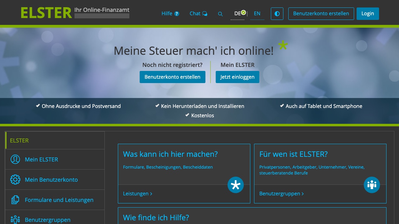 Bildschirmfoto: ELSTER — Ihr Online-Finanzamt