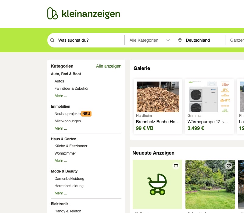 Bildschirmfoto: Kleinanzeigen