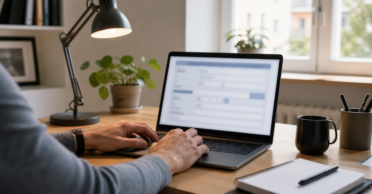 Laptop mit Formular auf dem Bildschirm, Hände auf der Tastatur