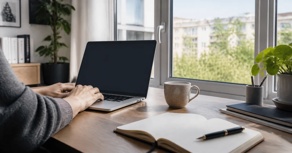 Laptop, Notizbuch und Kaffeetasse auf einem Schreibtisch am Fenster