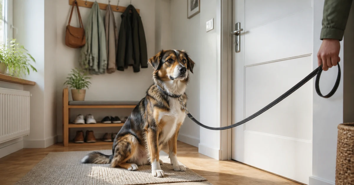 Hund mit Leine wartet an der Wohnungstür