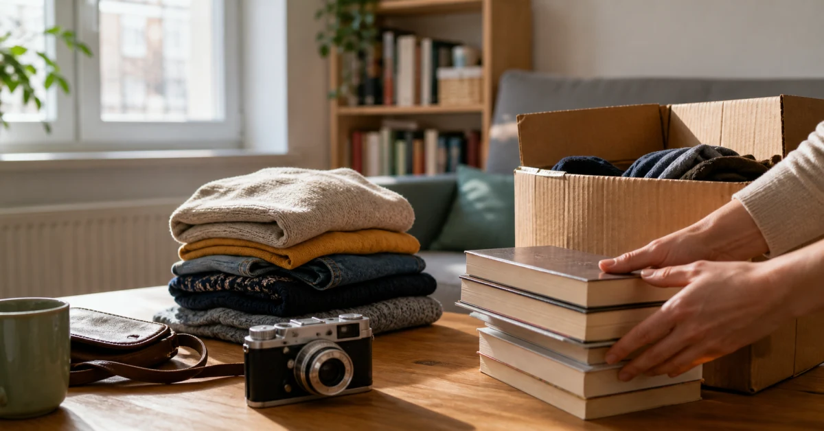 Wohnzimmertisch mit gefalteter Kleidung, alter Kamera und Büchern neben einem Karton